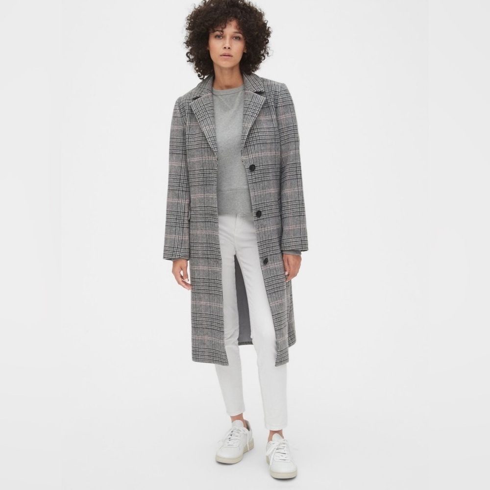GAP Plaid Longline Wool-Blend Coat Size Large Checkered Single Breast Casual